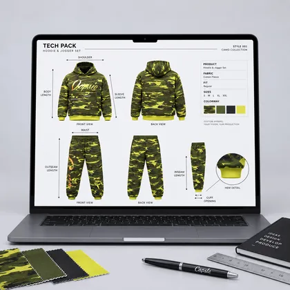 A technical flat sketch of a hoodie design, marked with size and color specs.