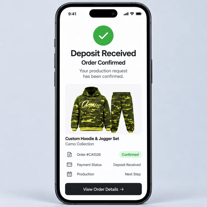 A phone screen confirming an order: deposit received, a camo hoodie and jogger set, and production listed as the next step.