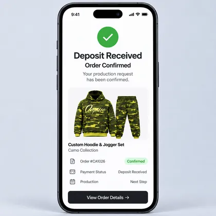 A phone screen confirming an order: deposit received, a camo hoodie and jogger set, and production listed as the next step.