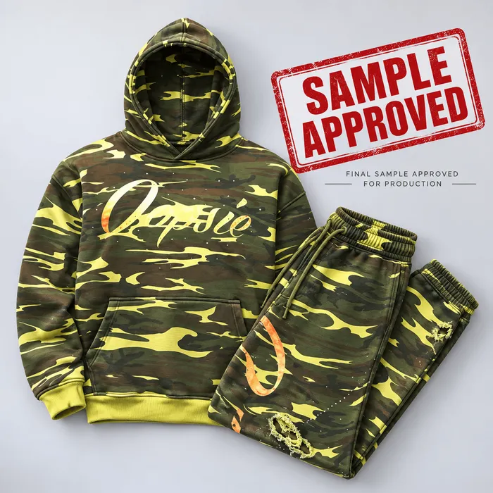 A finished hoodie sample matching the approved design sketch.