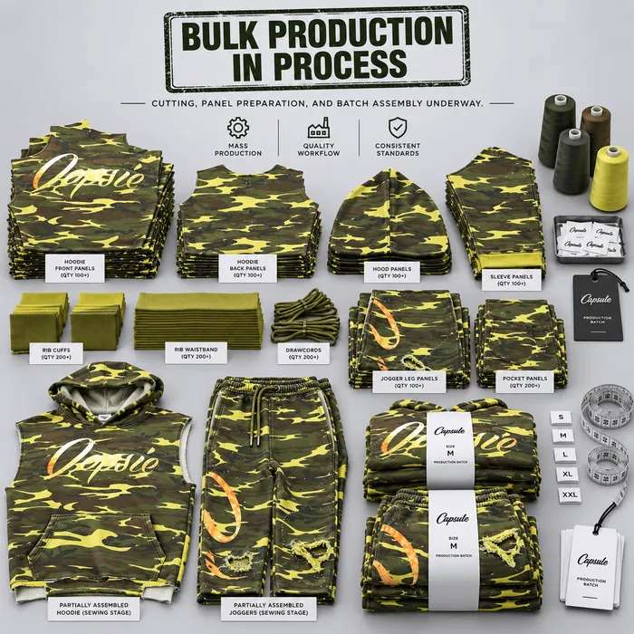 Bulk-packed hoodies stacked for shipment, with folded finished garments in front.