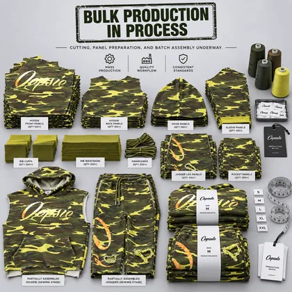Bulk-packed hoodies stacked for shipment, with folded finished garments in front.