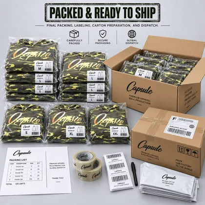 Illustration of camo hoodie sets polybagged and size-labelled for an example brand, packed into cartons alongside a packing list, tape, barcode labels and mailers.