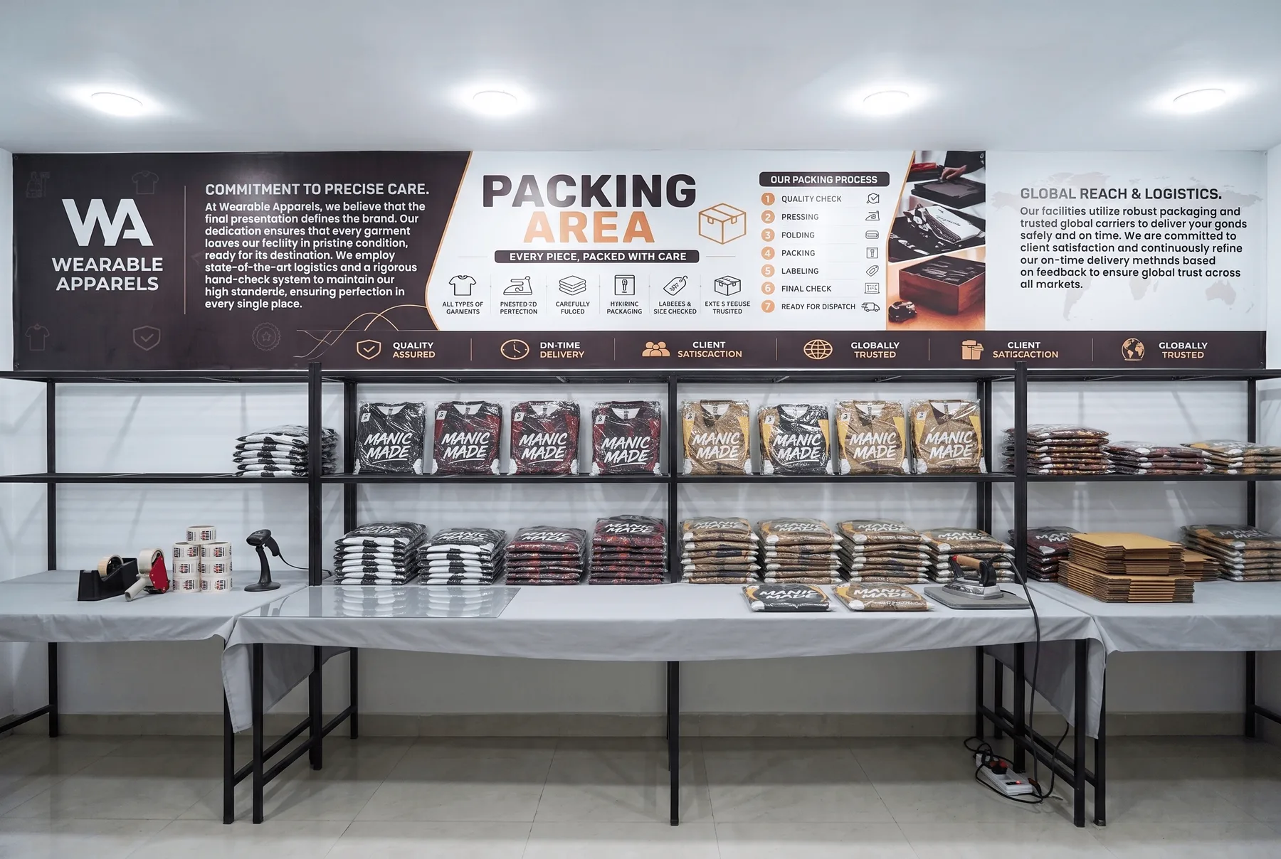 Illustration of a packing bench: polybagged garments stacked by size on steel shelving above two long tables laid with label rolls, tape, a barcode scanner and an iron.