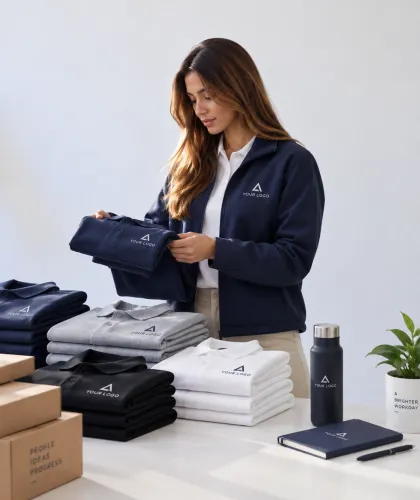 A woman in a navy fleece jacket holding folded polo shirts, beside stacks of tees, a flask and boxes all marked with a placeholder logo.