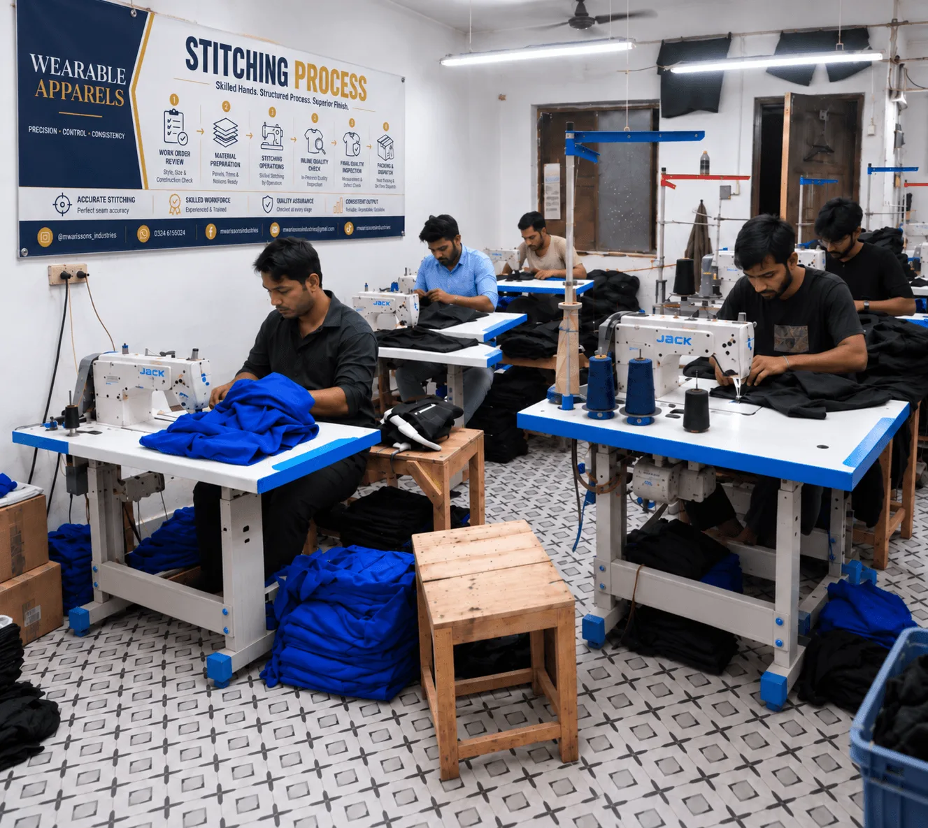 Machinists at industrial sewing machines on a garment production floor.