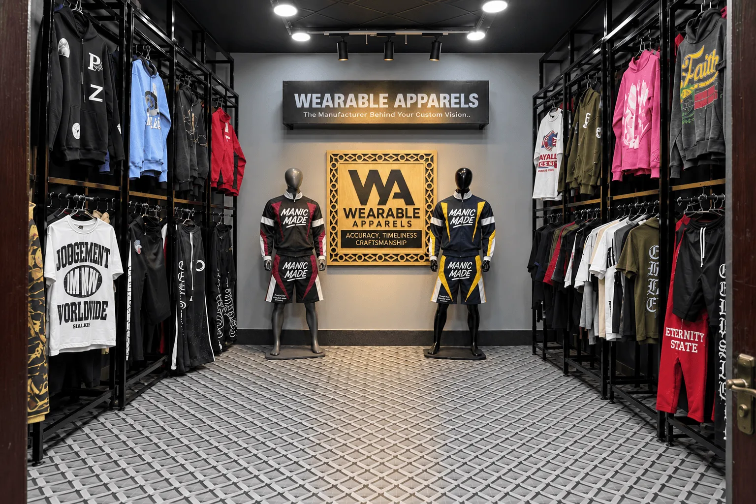 Illustration of a showroom: two mannequins in colour-blocked sports sets either side of a Wearable Apparels plaque, with rails of hoodies, tees and tracksuits along both walls.