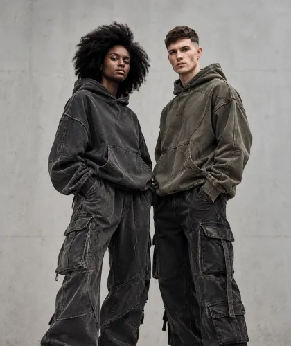 Two models in washed oversized hoodies and matching cargo trousers, charcoal and olive, against a concrete wall.