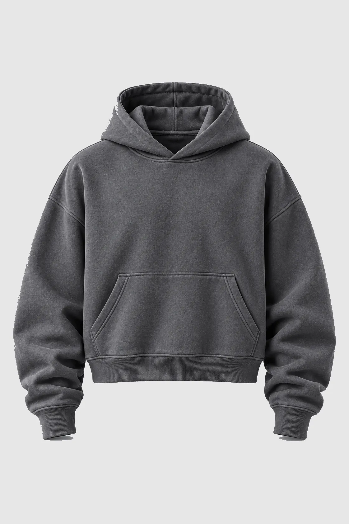 Blank charcoal cropped boxy hoodie, front: dropped shoulders and a short, wide body.