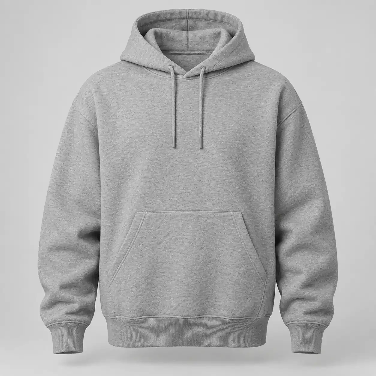 Blank grey marl pullover hoodie, front view, with a kangaroo pocket and drawcords.