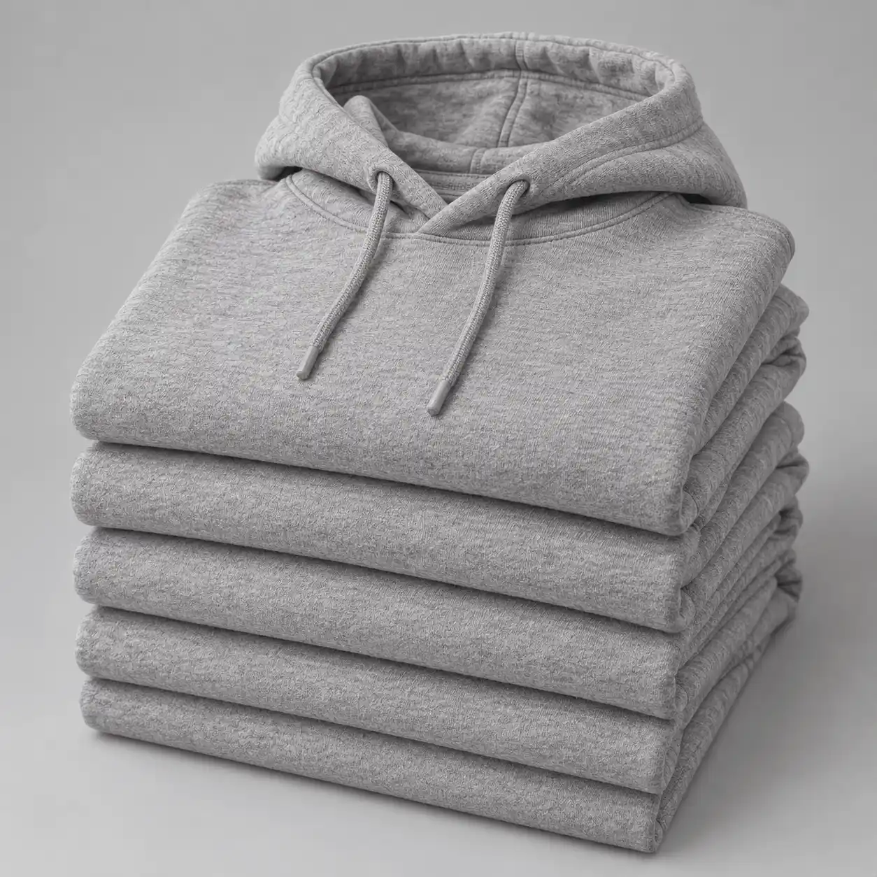 A stack of folded blank grey hoodies.
