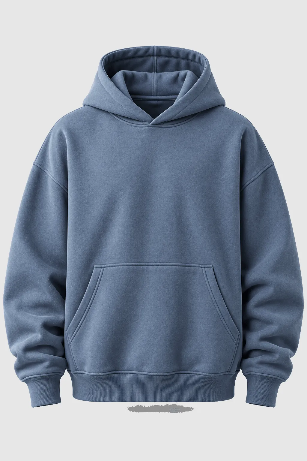 Blank slate-blue oversized hoodie, front: dropped shoulder seams and a wide body.