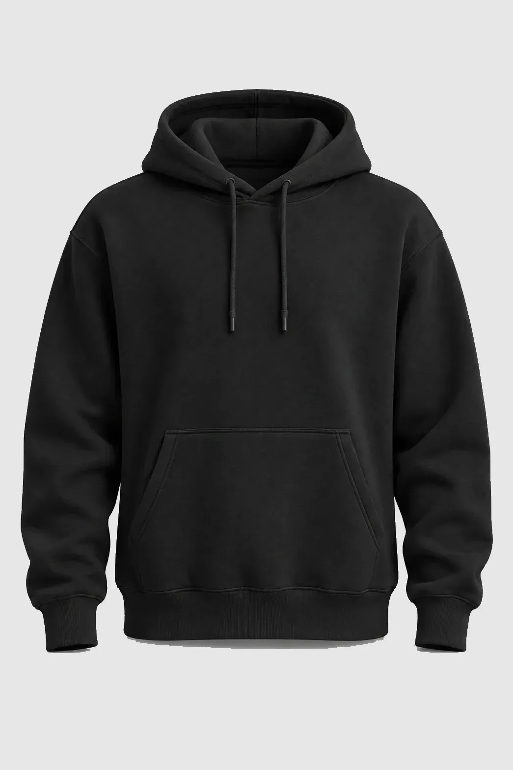 Blank black pullover hoodie, front: drawcords and a kangaroo pocket.