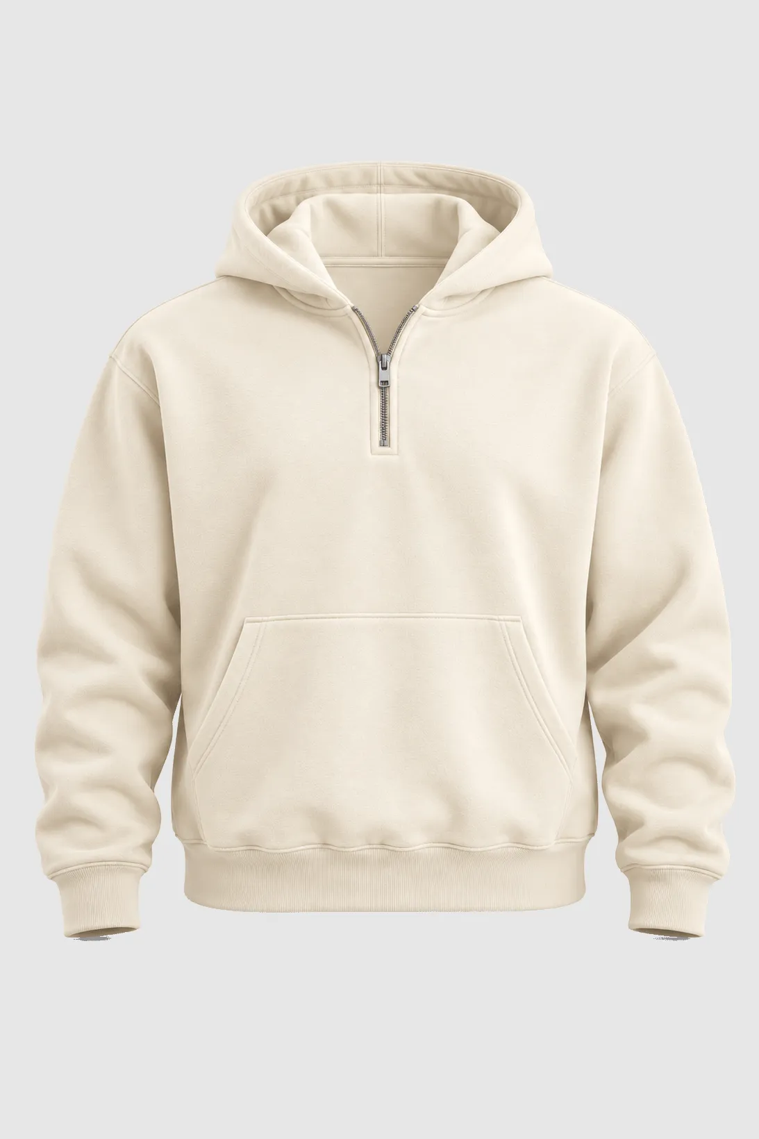 Blank cream quarter-zip hoodie, front: quarter-length zip and a kangaroo pocket.