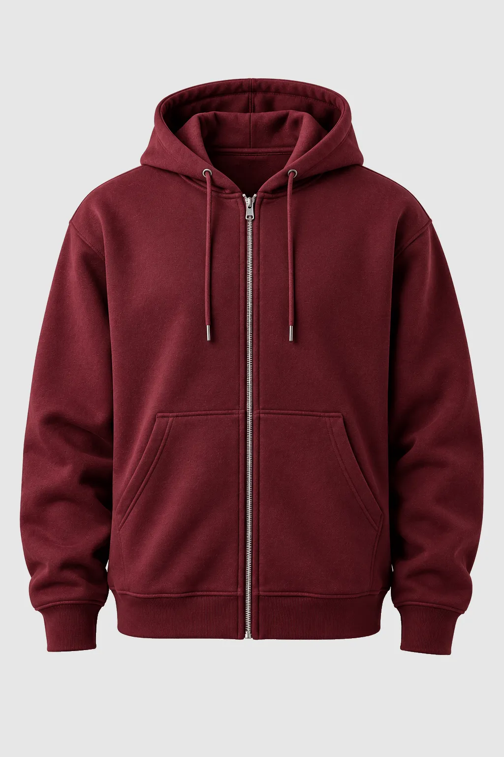 Blank burgundy zip-up hoodie, front: full-length zip, drawcords and a split kangaroo pocket.