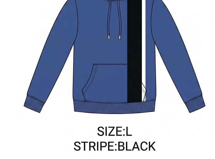 A technical flat sketch of a hoodie annotated with size and stripe-color specs.