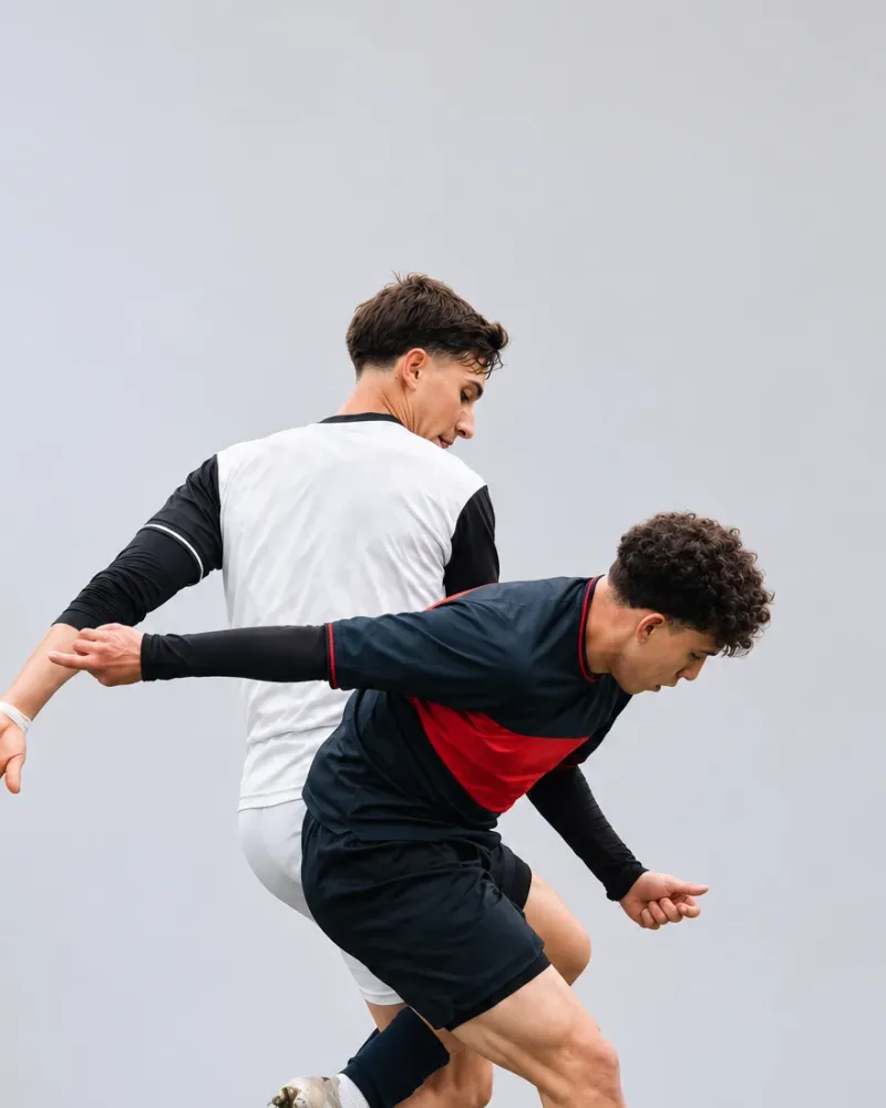 Two footballers mid-challenge in custom kit — one in a white jersey with black raglan sleeves and white shorts, the other in a navy jersey with a red chest panel, navy shorts and navy socks — against a plain grey backdrop.