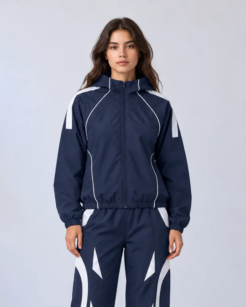 A model in a navy and white windbreaker set — a hooded zip-through jacket with white piping and contrast shoulder panels, worn with matching wide-leg track trousers — against a pale studio backdrop.