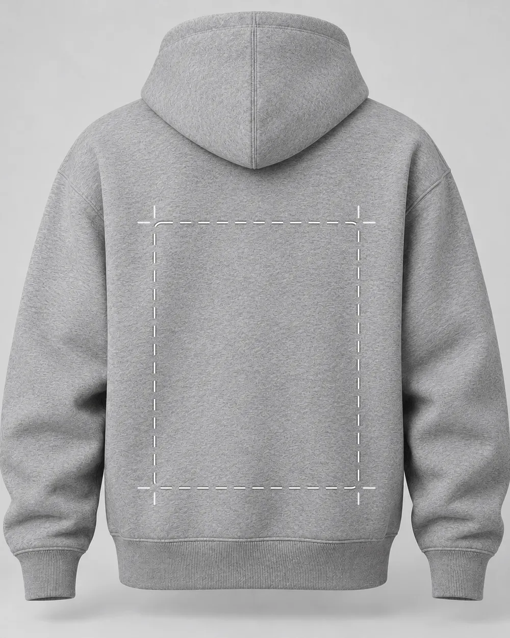 A blank grey hoodie from the back: one unbroken back panel with the print field outlined, no seam across it.