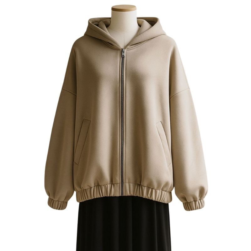 Plus-size zip-up hoodie displayed on hanger